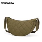 BIGCOWCOW messenger bag for women large capacity Korean style all-match withered quilted dumpling bag college student class shoulder bag bark green - Image 4