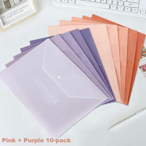 Juvenile companion file bag gradient A4 file cover snap button student folder waterproof test paper information storage bag office document file bag super favorite fan + black plum purple sauce 10 pack