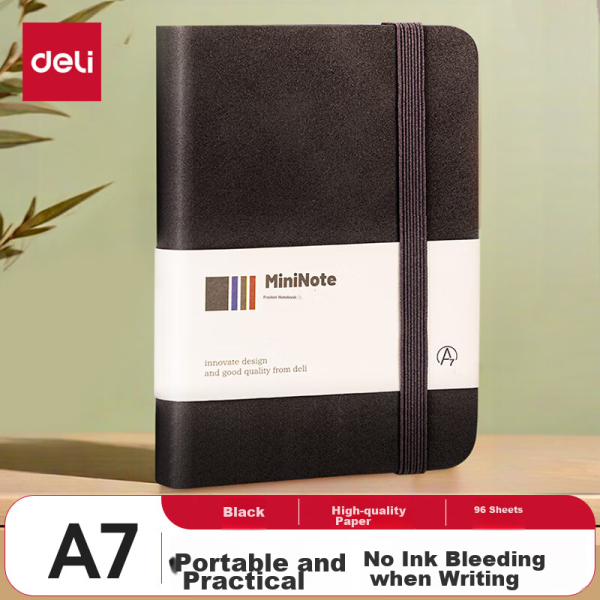 Deli A7/96 sheets portable notebook leather cover creative pocket book mini notebook word handbook black BP119
