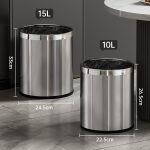 AKBK stainless steel metal trash can living room kitchen bathroom light luxury hotel office large round single layer 10L - Image 2