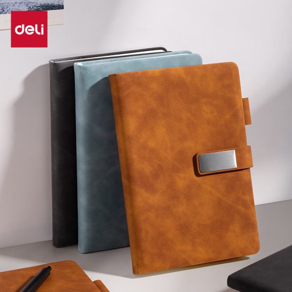 Deli notebook A5/120 sheets sheepskin notebook business office leather cover thickened work notebook leather cover blue BP154