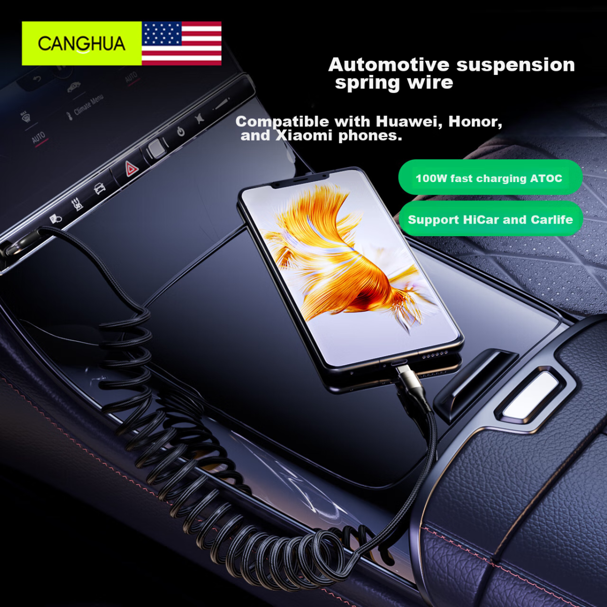 CangHua Car Spring Charging Cable Retractable Type-C Data Cable 6A Suitable for Huawei Super Fast Charging 100W/66W Cable P70/Mate70/60Pro+/X6 Honor Xiaomi Mobile Phone - Image 1