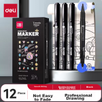 Deli children's student black double-headed marker pen art painting hook line signature pen marker pen hook line quick drying waterproof 12 pieces/box - Image 2