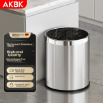 AKBK stainless steel metal trash can living room kitchen bathroom light luxury hotel office large round single layer 10L