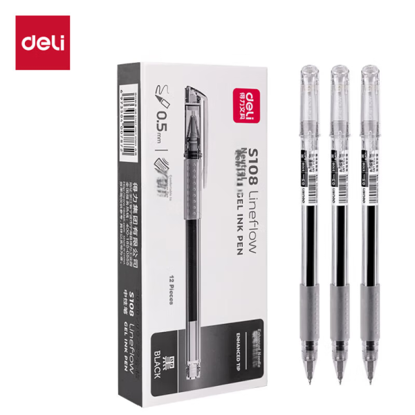 Deli (deli) smooth MUJI style neutral pen 0.5mm enhanced needle pen head student neutral pen brush pen ins cold style black 12 pieces/box S108