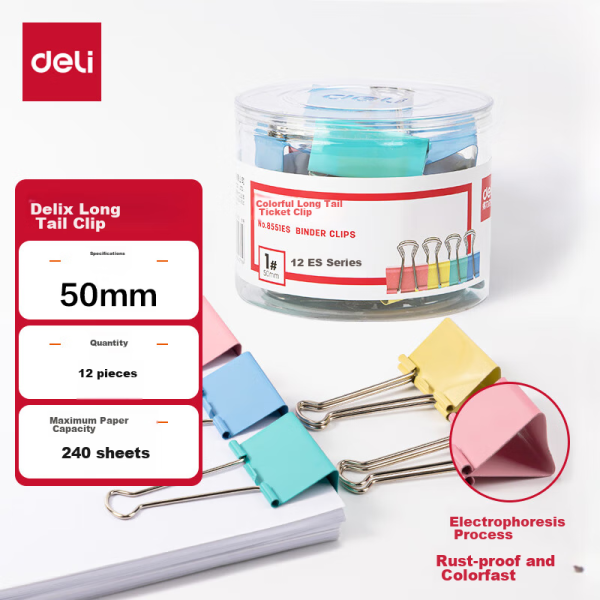Deli 12pcs 50mm Color Long Tail Clip Ticket Clip 1# Oversized Dovetail Clip Ticket Clip 12pcs/Tube 8551ES