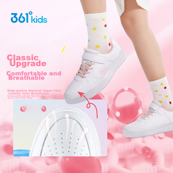 361° children's four seasons skateboard shoes for boys and girls (3-12 years old) versatile Velcro skateboard shoes white shoes pink 37