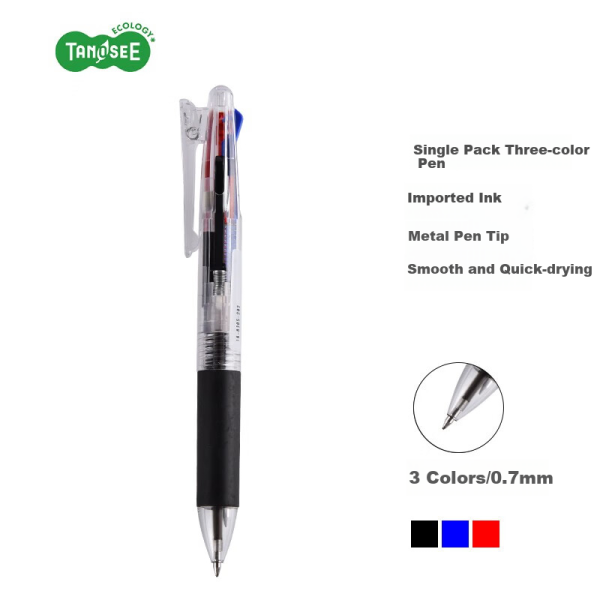 TANOSEE Le Rushi push-button multi-color ballpoint pen, medium oil pen, handbook note multi-function pen, three colors red, black and blue, 0.7mm (with 1 refill), 1 transparent rod