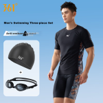 361° swimsuit men's swimming trunks swimming goggles and swimming cap set 3-piece set anti-embarrassment training five-point pants split hot spring swimming equipment