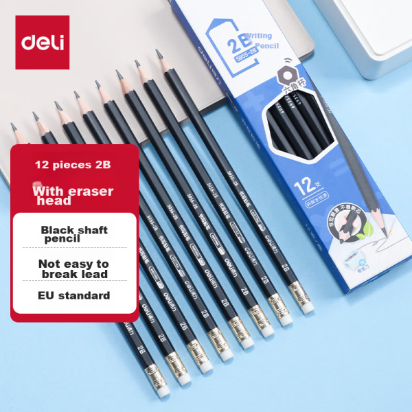 Deli 12 colors 2B black rod office leather writing pencil (black) (12 pieces/box) drawing graffiti S955-2B Children's Day gift for girls
