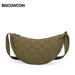 BIGCOWCOW messenger bag for women large capacity Korean style all-match withered quilted dumpling bag college student class shoulder bag bark green - Image 3
