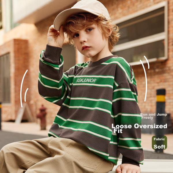 ASK JUNIOR Boys Long Sleeve T-shirt Spring Children's Printed Contrast Color Running Bottoming Shirt Khaki 110