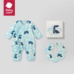 babycare camellia series newborn gift box duoka rabbit olive green side-opening jumpsuit + bib set 59cm - Image 3